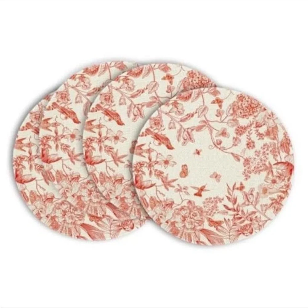 NWT Round Red Hydrangea Flowers Branches Chinoiserie Spring Placemats Set 4,14in